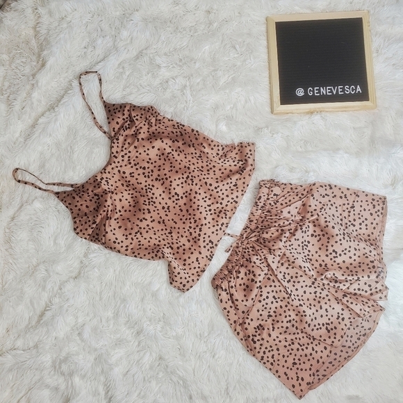 CHIC Bronze Satin Spotted PJ Set Tank & Shorts - Picture 2 of 8
